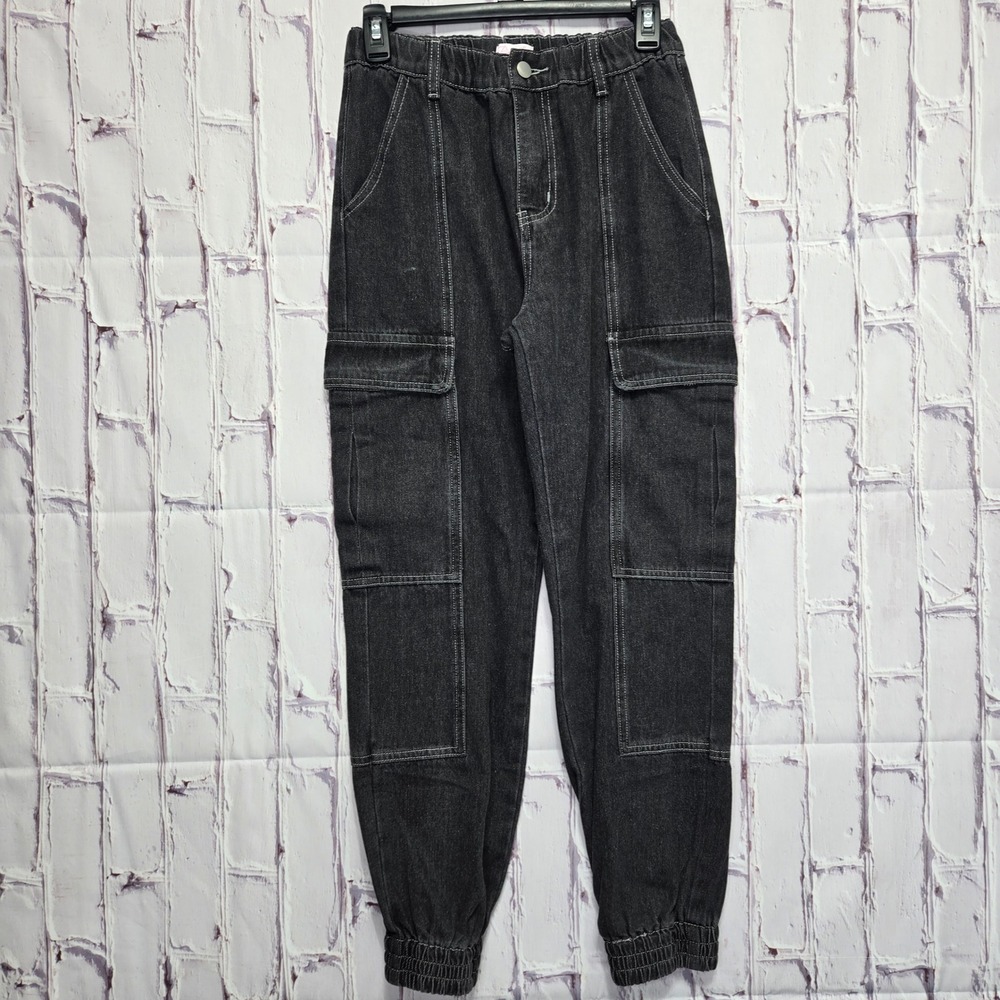 Pink Lily Washed Black Denim Cargo Joggers Stretchy Goth Stitch Sz Small (27)